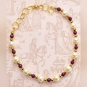 Genuine Red Ruby And Freshwater Baroque Pearls In Gold Plated Classic Necklace